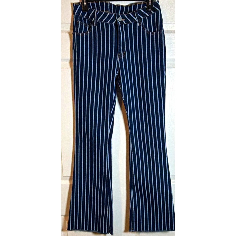 SHEIN Women's L Blue/White Striped Flared Mid Rise Stretch Denim Jeans